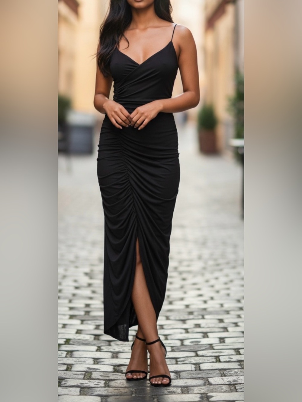 Fashion Nova Black Ruched Maxi Dress